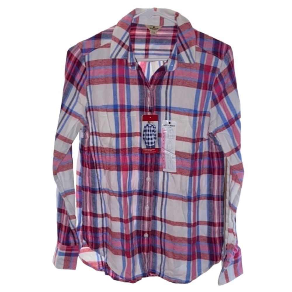 #32.•WOOLRICH•NWT RED/WHITE/BLUE/BLACK PLAID BUTTON DOWN FLANNEL TOP SIZE SMALL